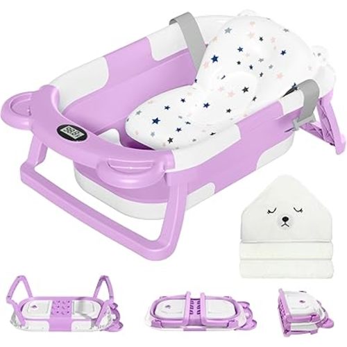 MoreFeel Collapsible Baby Bathtub for Newborn with Thermometer & 1 Hooded Towel & 1 Soft Floating Cushion,Portable Travel Bathtub with Drain Hole, Durable Foldable Baby Tubs for Infants to Toddler
