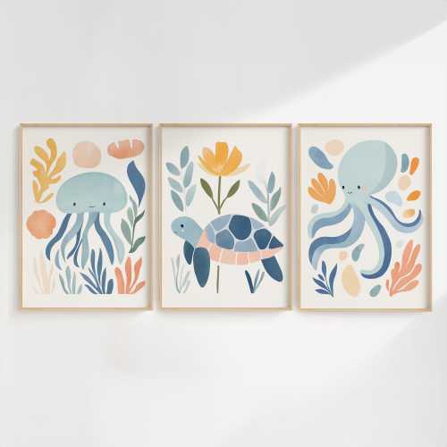 Watercolor Sea Animal Nursery Print: Octopus Wall Decor hawksbill sea turtle Under the Sea Art Boho Ocean Wall Art Set of 3 Digital Download