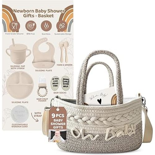 Kiddibodi® Baby Shower Gifts - Basket for Newborn - Gender Neutral Baby Gift Set - Baby Gift Basket - Silicone Baby Feeding Set with Suction Plate, Bib, Spoon, Sippy Cup, Pacifier Feeder - Rope Basket