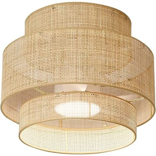 21 Inches DC Boho Bamboo LED Ceiling Fan with Light Fixture and Remote Control, Wicker Cage Small Rattan Caged 3 Blades Low Profile Dimmable Fandelier for Bedroom Kitchen Indoor Outdoor Room