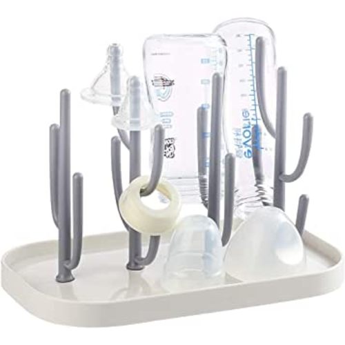 FEOOWV Baby Bottle Drying Rack with Base, Creative Tree Branch Baby Bottle Dryer Holder for Bottles, Teats, Cups, Pump Parts and Accessories (Gray)
