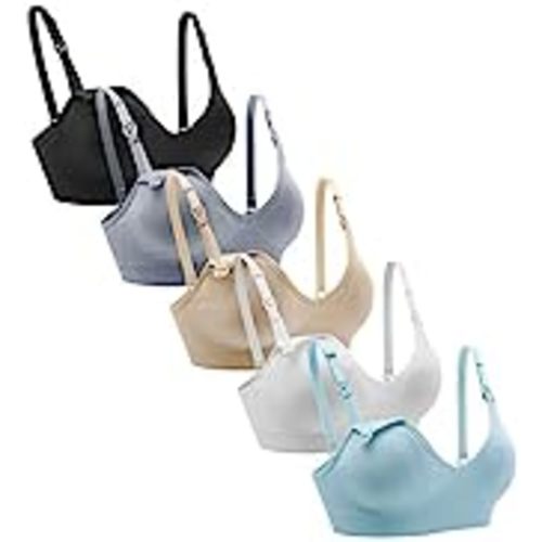 Suekaphin Nursing Bra 5pack Wireless Deep V Neck Maternity Nursing Bra Bralette Sleeping Breastfeeding with Extra Extenders - Large - Black/Nude/White/Gray/Lightblue