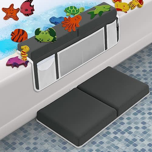 Supa Ant Baby Bath Kneeler and Elbow Rest Pad Set - The Only Certified Extra Thick Bathtub Kneeler with Built-in 5 Pockets Organizer - Bath Kneeling Pad for Bathing Baby with 6-Suction Cups (Charcoal)