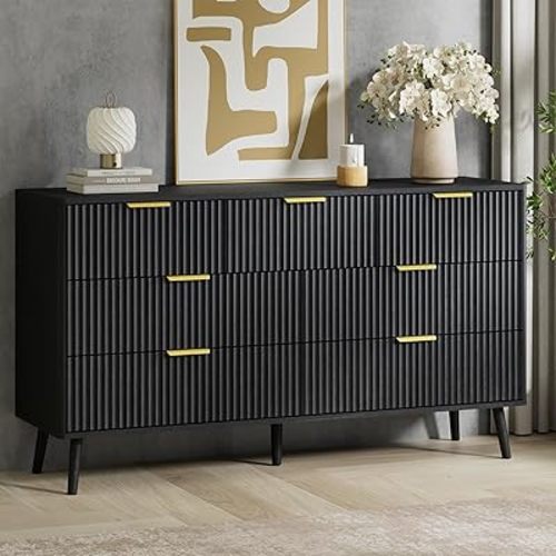 LYNSOM 55" Wide Fluted Dresser for Bedroom with 7 Drawer, Modern Chest of Drawers with Curved Profile Design and Metal Handles, Wood Dresser TV Stand & Storage Organizer for Living Room, Black
