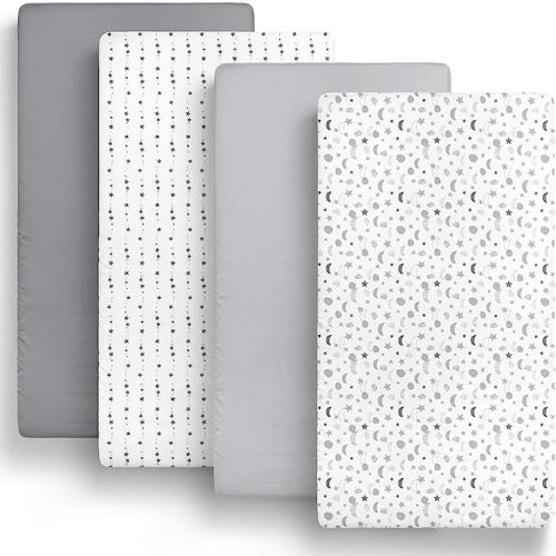 The Peanutshell Fitted Crib Sheets Set, Unisex 4 Pack Celestial Print, Grey Moon & Stars