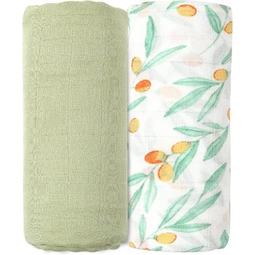 Muslin Swaddle Blankets for Newborns,2 Pack Baby Boys Girls Receiving Blankets Large 43X47 Inches Muslin Burp Cloths,Breathable Soft Swaddle Wrap Baby Essentials(Fruit)