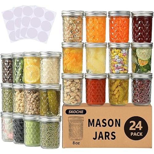 Mason Jars 8 oz 24 Pack Half Pint Canning Jars with Regular Airtight Lids and Bands, Small 8oz Glass Jars with Lids, Ideal for Fermenting, Pickling, DIY Decors, Fruit Preserves, Jam, Jelly