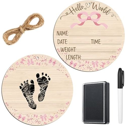 Thyle Baby Announcement Wooden Name Sign for Hospital Birth Double Sided Newborn Welcome Sign with Marker Pen and Ink Pad for Baby Shower Hand Footprints (Pink Bow)