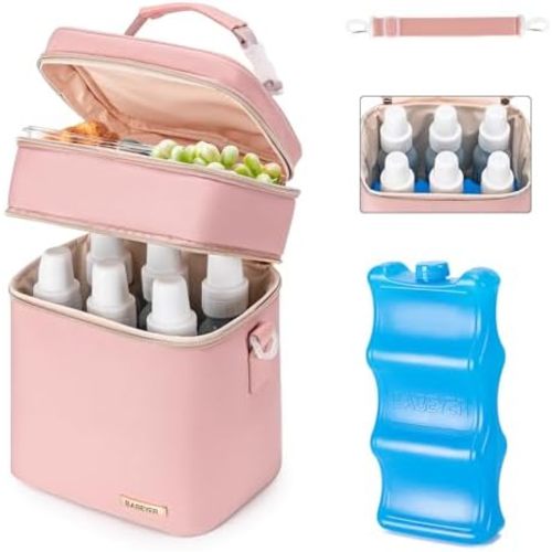 BABEYER Breastmilk Cooler Bag with Ice Pack, Fits 6 Baby Bottles Up to 9 Oz, Baby Bottle Cooler Bag, Double Layer Leakproof with Should Strap for Daycare Moms On The Go, Pink