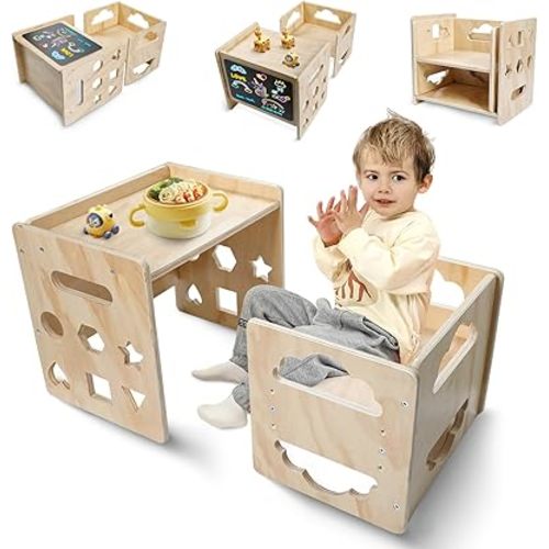 Montessori Weaning Table and Chair Set, Wooden Toddler Table and Chair Set, 1-3 Age Kids Table and Chairs with Blackboard & 3 Heights Adjustable for Eating & Drawing & Reading