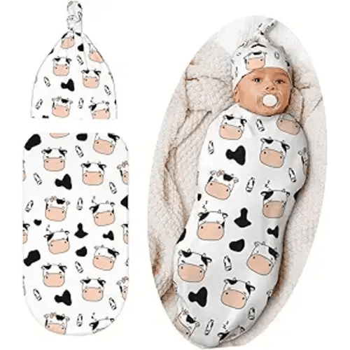 Cute Cow Print Swaddle Blanket Hat Set for Boys Girls, Soft Cow Newborn Sleeping Sack Receiving Blanket Shower Gift