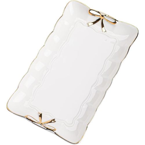 Long shaped jewelry tray with personalized bow tie for engagement and wedding gifts, for friends, sisters, and women's birthday and Christmas gifts, ceramic white