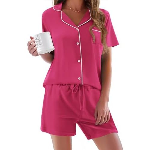 Ekouaer Pajamas Set for Women Short Sleeve Sleepwear Button Down Pjs Soft 2 Piece Lounge Sets XS-XXXL