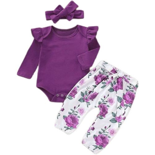 Newborn Baby Girl Clothes, Infant Girl Outfits Long Sleeve Ruffle Romper + Floral Pants + Headband Set