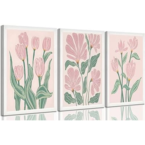 3 Pcs Pink Tulips Flowers Canvas Wall Art Boho Pink and Green Abstract Floral Botanical Paintings Pictures Wall Decor Poster Print Artwork for Living Room Bedroom Home Decoration Unframed