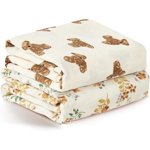 Muslin Swaddle Blankets for Boys Girls, 2 Pack Receiving Baby Blanket Large 47 x 47 inches, Soft Breathable Swaddling Wrap for Unisex Newborn, Teddy Bear&Floral