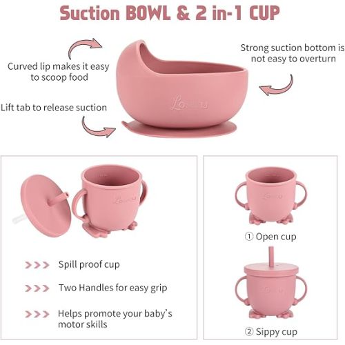 Silicone Baby Feeding Set|Baby Led Weaning Supplies Set|Suction Baby Plate Bowl Set with Bib Spoon Fork Sippy Cup|Baby Feeding Eating Supplies Set BPA Free - Dark Pink