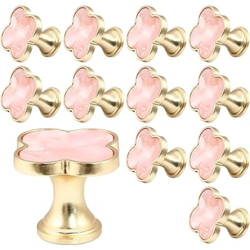 12 Pack Brass Cabinet Knobs, Clover Knobs Decorative Dresser Drawer Knobs, Brushed Gold Kitchen Cabinet Knobs Pulls, Vanity Drawer Knobs Handles for Closet, Cupboard, Pantry (Pink)