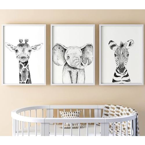 Safari Animals Baby Girl or Boy Set of 3 Nursery Unframed Prints, Bedroom Decor Wall Art Posters, Elephant Giraffe Zebra, Black and White Style Prints (12x16)