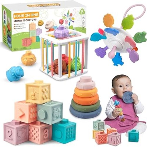 Martiount 4 in 1 Baby Toys 6 to12-18 Months, Montessori Toys for 1-3 Year Old Infant Toys Stacking Building Blocks,Pull String Baby Teething Toys Sensory Toys 6-9-12M for Baby