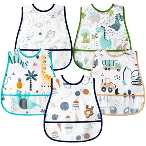 R HORSE 5Pcs Baby Bibs Set Toddler Bibs with Crumb Catcher Pocket & Snap Button Waterproof Baby Feeding Bibs for 6-24 Months