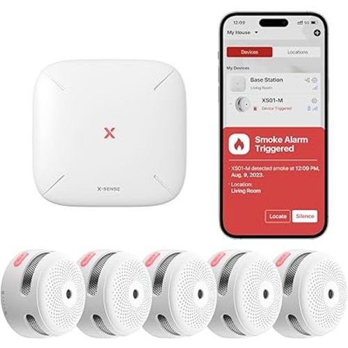 X-Sense Smart Smoke Detectors with SBS50 Base Station, Wi-Fi Smoke Alarm Compatible with X-Sense Home Security App, Wireless Interconnected Mini Fire Alarm, Model FS51