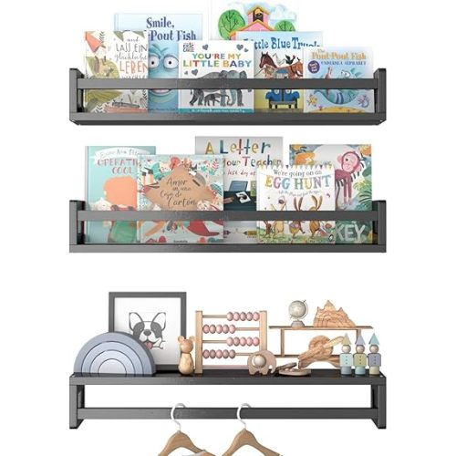 Floating Nursery Book Shelves for Wall, 15.7 Inch Nature Solid Wood Wall Mounted Bookshelf Set of 3, Hanging Bookshelves for Kids Room, Bedroom Nursery Decor and Book Storage (Black)