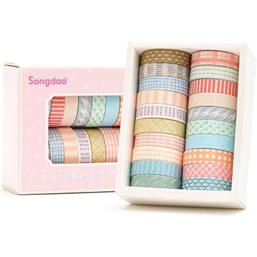 20 Rolls Basic Washi Tape Set Japanese Arts Adhesive Tapes Simple Patterns Decorative Masking Tape Sets for Craft, Kids, Scrapbook, DIY, Gift Wrapping (Style One)
