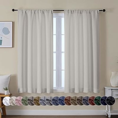Simplebrand Ava Natural Short Blackout Curtains for Bedroom 45 Inches Long 2 Panels Set, Solid Thermal Insulated, Energy Saving Window Treatment Curtains Blackout Drapes, W40 x L45 Inch, Natural