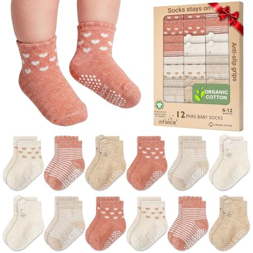 GOTS Certified Organic Cotton Infant Baby Socks 12 Pair For 0-6 (M) Baby Boy Soft, Stretchable & Comfortable Infant Socks, Premium Boys Cotton Socks, Gift for Newborn Boys, Peach & Beige