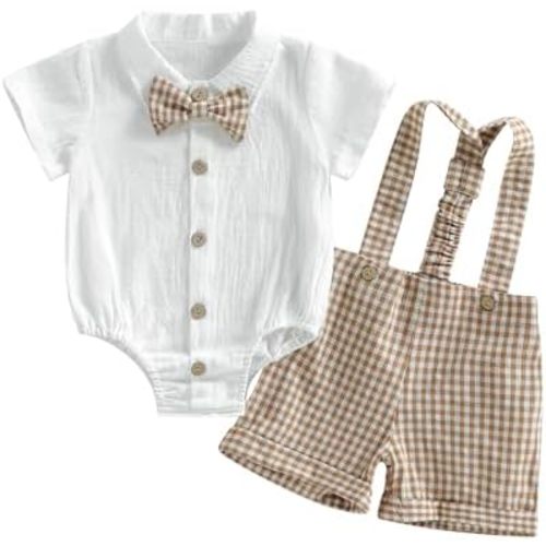 Baby Boy Clothes Set Infant Bow Tie Button Down Shirt Bodysuit Top Striped/Plaid Shorts 2Pcs Summer Outfit