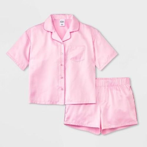 Girls' 2pc Satin Short Sleeve Button Up Pajama Set - art class™ Pink M: Recycled Polyester,