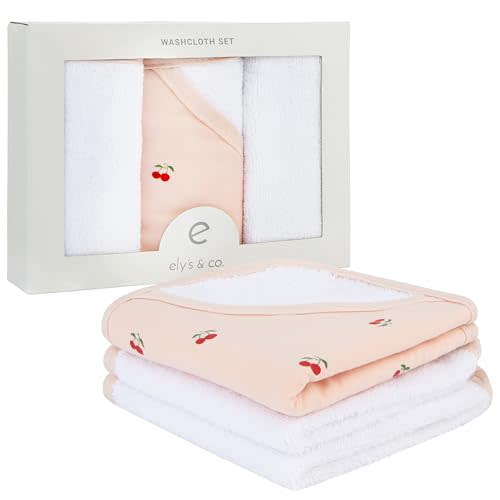 Ely's & Co. Baby Washcloths Soft, Thick, Absorbent - 100% Terry Cotton, 3-Pack, 10”x10”, with 1 Pocketed Washcloth - Infant & Toddler Bath Mitt and Wash Cloths for Newborns and Babies (Red Cherry)