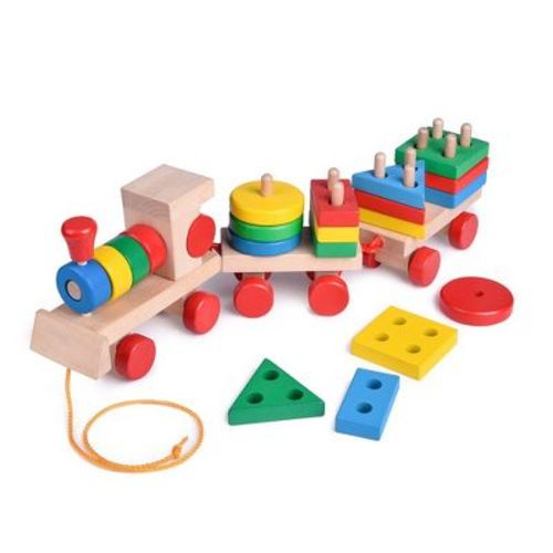 Fun Little Toys 25 Pcs 15.5-Inch Wooden Train, Shape Sorter & Stacking Puzzle Toys for Toddlers