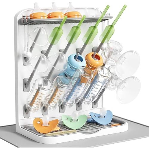 Lifewit Large Baby Bottle Drying Rack with Drain Mat & 15 Hooks, Newborn Essentials Must Haves, Countertop Holder Organizer for Baby Stuff, Rack Dryer for Pacifiers, Weighted Straws, Pump Parts