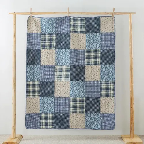 SLPR Blue Symphony 50" x 60" Cotton Quilted Throw Blanket, Country Farmhouse Checkered Patchwork Throw Quilt for Couch, Lightweight Pieced Lap Quilt with Check and Plaid Pattern