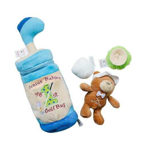 Genius Baby Toys - 9" The Original Baby Golf Bag with Teddy Bear, Blue Plush, Embroidered with 'My 1st Golf Bag', Lightweight, Perfect Size Golf Toy for Small Hands, Unique
