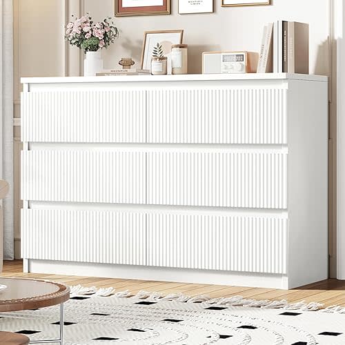 White 6 Drawer Dresser for Bedroom, Modern Fluted Dresser with Deep Drawers, Large Double Wooden Chest of Drawers for Living Room, Hallway, Entryway (White)