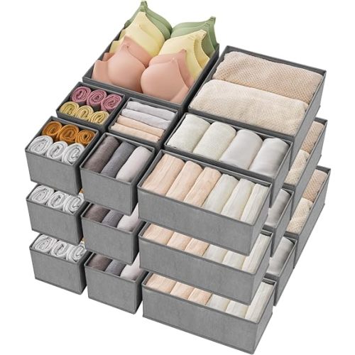Criusia Drawer Organizer Clothes, 24 Pack Underwear Drawer Organizers, Foldable Closet Organizers and Storage Dresser Drawer Dividers Clothing Organizer for Clothes, Socks, Scarves, Bra, Ties (Grey)