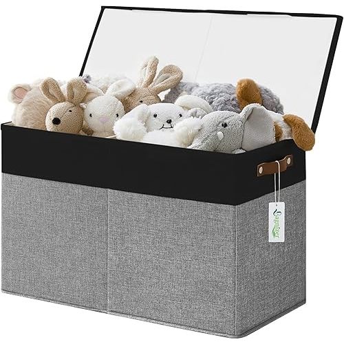 Large Toy Storage Box with Lids, Collapsible Sturdy Baby Storage Organizer Chest Bin Basket for Kids, Boys, Girls, Playroom, Nursery, Bedroom, Closet 25"x13"x16" (Gray and Black)