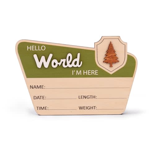 Hello World Wooden Baby Birth Announcement Sign – Forest Badge Design with 3D Lettering – Baby Stats Board for Newborn Photo Prop or Nursery Decor
