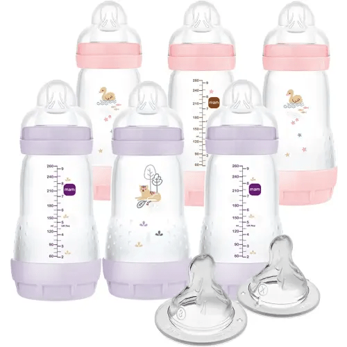 MAM 9oz Easy Start Anti-Colic Baby Bottle, Medium Flow with 2X Bonus Nipples, Breastfeeding-Like Silicone Nipple Bottle, Reduces Colic, Gas, & Reflux, Easy-to-Clean, BPA-Free, 2 Plus Months