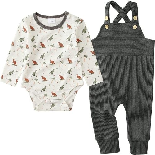 YUEMION Baby Boy Clothes Newborn Infant Boy Outfits 2Pcs Stripe Top Romper Pants Set 0-24 Months Overalls Toddler Boy Clothes - 6-12 Months - Grey