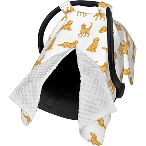 Golden Retriever Carseat Covers Baby, Winter Carseat Cover for Baby, Minky Baby Car Seat Cover for Boy & Girl, Peekaboo Opening Car Seat Canopy for Newborn, Multi Use Mom Nursing Cover