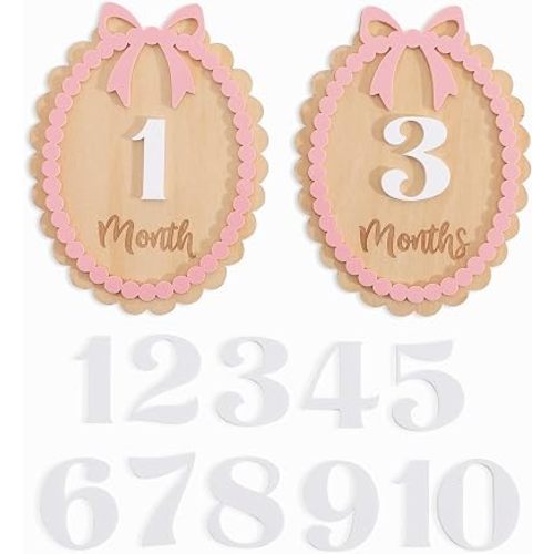 Wooden Bow 12 Monthly Milestone Markers - 12 Milestone Monthly Signs for Baby Girl,Wooden Bow Photo Prop,Nursery Photo Prop, Baby Shower