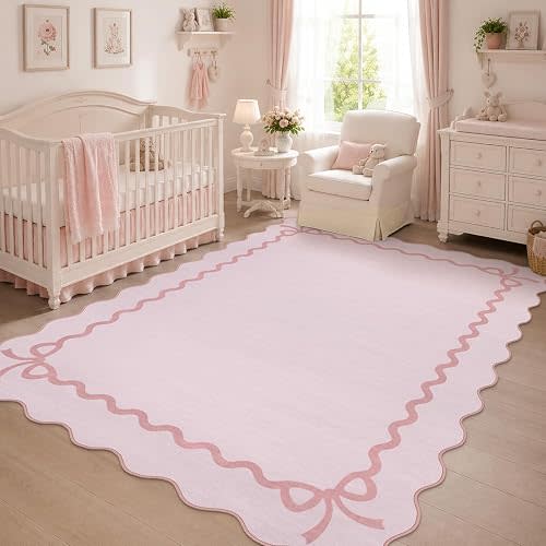 Rugalia Washable Pink 5x7 Rug for Girls Bedroom Scalloped Living Room Rug