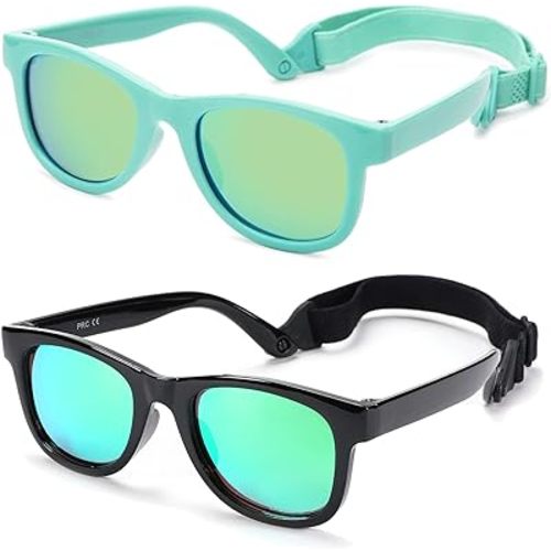COASION 2 Pack Bendable Flexible Polarized Newborn Baby Sunglasses with Strap for Infant Boys Girls Age 0-12 Months (Black/Green Mirror+Green/Bluish-green Mirror) : Clothing, Shoes & Jewelry