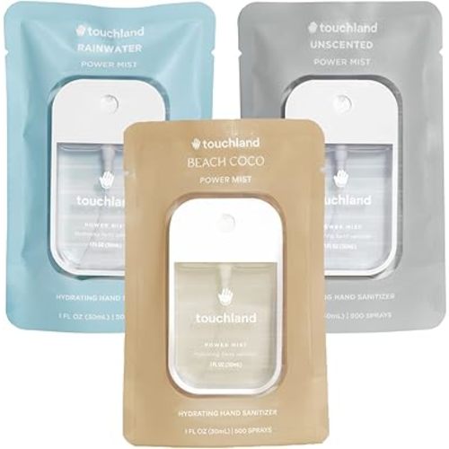 Touchland Power Mist Hydrating Hand Sanitizer Spray, DYE FREE Trio Set (Rainwater, Unscented, Beach Coco), 1 FL. OZ. Travel Size (Set of 3)