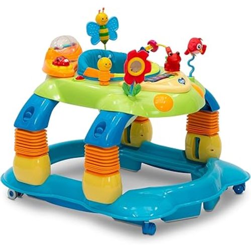 Delta Children Lil Play Station 4-in-1 Activity Walker - Rocker, Activity Center, Bouncer, Walker - Adjustable Seat Height - Fun Toys for Baby, Blue