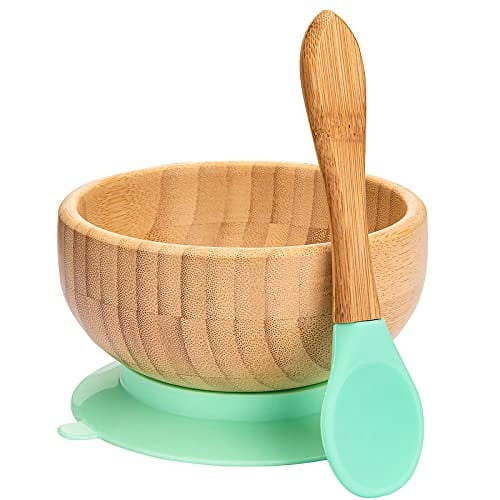 Baby Bowls and Spoons - Baby Bamboo Bowl and Spoon | Silicone Suction | Bamboo Baby Bowls for Baby | Baby Bowls First Stage | Baby Wood Bowls (Cyan-Blue)